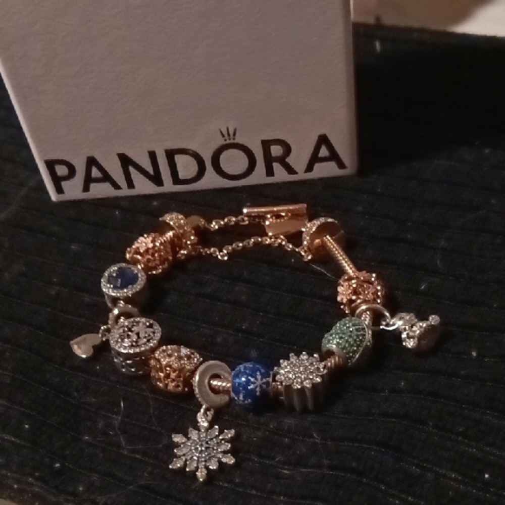 Authentic Rose Gold Pandora Bracelet With 11 Charms & Safety Clasp
